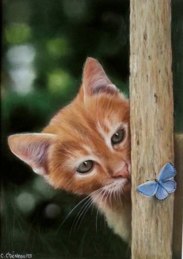 Pintura titulada "Chat et papillon" por Cathy Cheneau, Obra de arte original, Pastel