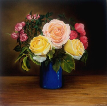 Painting titled "Bouquet de roses" by Cathy Cheneau, Original Artwork, Pastel