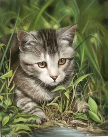 Peinture intitulée "Chat en chasse" par Cathy Cheneau, Œuvre d'art originale, Pastel