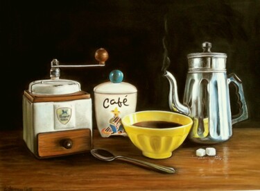 Malerei mit dem Titel "Le café" von Cathy Cheneau, Original-Kunstwerk, Pastell