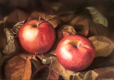 Painting titled "Pommes et feuilles" by Cathy Cheneau, Original Artwork, Pastel