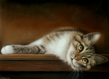 Painting titled "Chat rêveur" by Cathy Cheneau, Original Artwork, Pastel