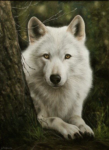 Rysunek zatytułowany „Loup dans les bois” autorstwa Cathy Cheneau, Oryginalna praca, Pastel