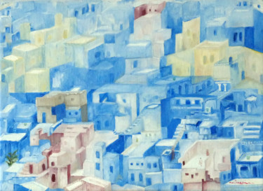 Peinture intitulée "Ville bleue" par Jade, Œuvre d'art originale, Huile