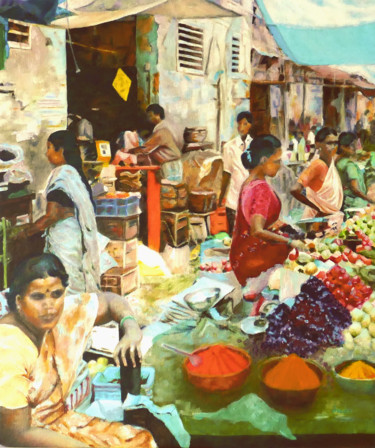 Peinture intitulée "Marché indien" par Jade, Œuvre d'art originale, Huile
