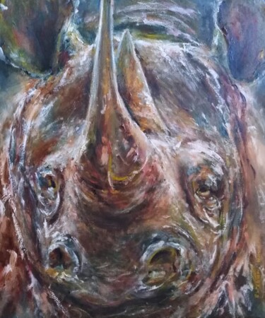 Painting titled "Rhinocéros de Esteb…" by Galerie Peinture  Arts De Lyon, Original Artwork, Oil Mounted on Wood Panel