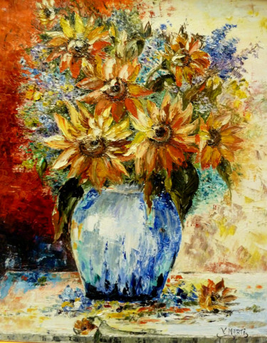 Painting titled "Vase de Tournesols…" by Galerie Peinture  Arts De Lyon, Original Artwork, Oil Mounted on Wood Stretcher fra…