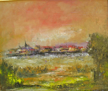 Painting titled "paysge-au-ciel-roug…" by Maxemile, Original Artwork, Oil
