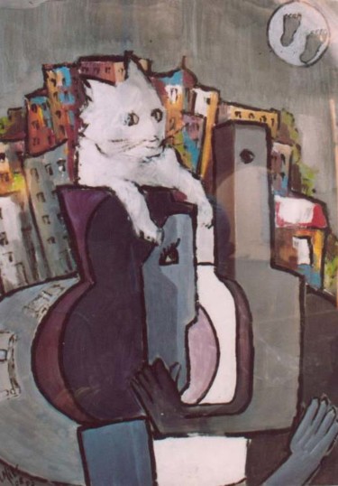 Pintura titulada "chat-decouvrant-not…" por Maxemile, Obra de arte original, Oleo