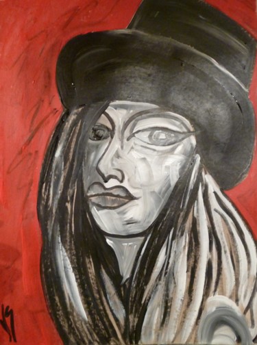 Painting titled "La femme de chapeau" by Vanessa Sauvage, Original Artwork, Acrylic Mounted on Wood Panel