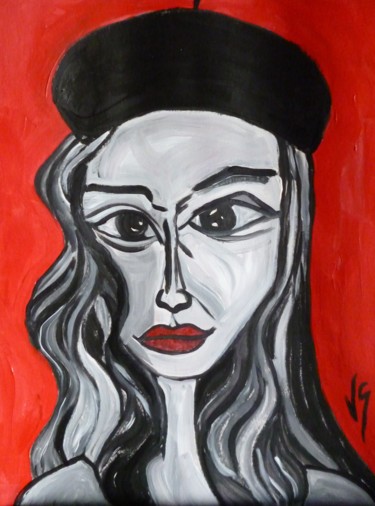 Painting titled "La femme au béret" by Vanessa Sauvage, Original Artwork, Acrylic Mounted on Wood Panel