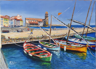 Painting titled "Port de Collioure" by Jean-Claude Pelletier, Original Artwork, Acrylic Mounted on Wood Stretcher frame