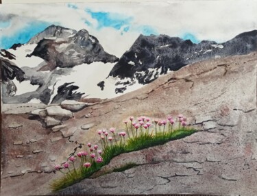 Schilderij getiteld "Armeria alpina" door Jean-Claude Pelletier, Origineel Kunstwerk, Aquarel