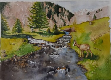 Painting titled "Isard au bord d'un…" by Jean-Claude Pelletier, Original Artwork, Watercolor