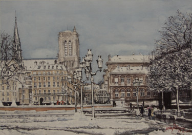Malarstwo zatytułowany „Paris, Hotel de Vil…” autorstwa Luca Pellizzari, Oryginalna praca, Akwarela