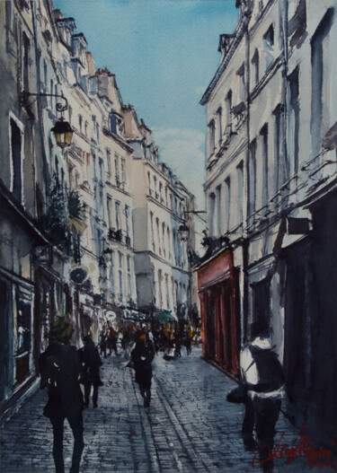 Malerei mit dem Titel "Rue des Rosiers" von Luca Pellizzari, Original-Kunstwerk, Aquarell