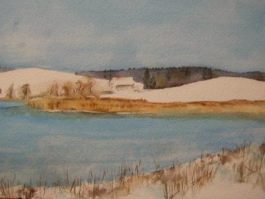 Painting titled "lac de Bret" by Marianne Décotterd, Original Artwork, Watercolor Mounted on Glass