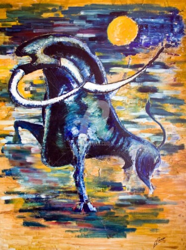 Pintura titulada "Toro azul bajo la l…" por A Pemán, Obra de arte original, Acrílico