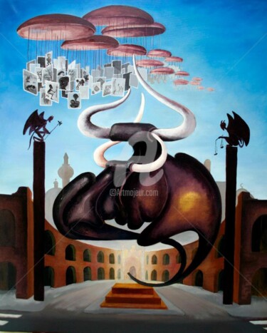 Pintura titulada "Lucha de toros" por A Pemán, Obra de arte original, Oleo