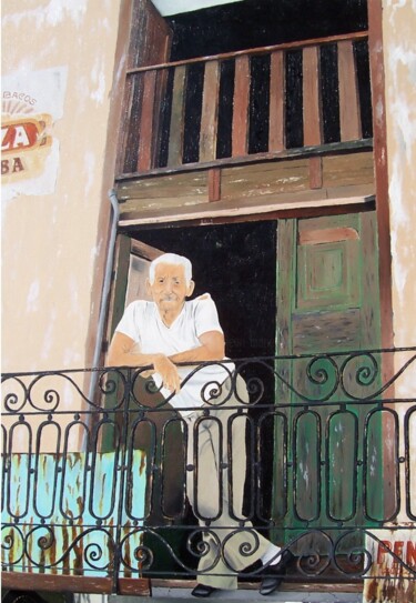 Peinture intitulée "cubain au balcon" par Pen, Œuvre d'art originale, Huile Monté sur Châssis en bois