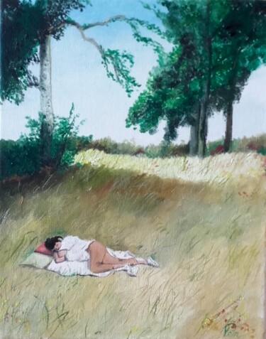 Schilderij getiteld "La dormeuse du val" door Pen, Origineel Kunstwerk, Olie Gemonteerd op Frame voor houten brancard