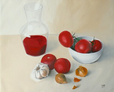 Painting titled "Tomates, flacon, ai…" by Pen, Original Artwork, Oil Mounted on Wood Stretcher frame