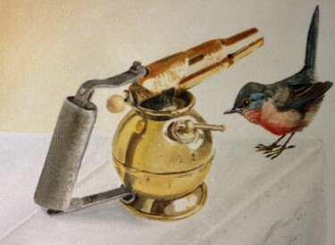 Malerei mit dem Titel "Lampe à souder et o…" von Pen, Original-Kunstwerk, Öl Auf Keilrahmen aus Holz montiert
