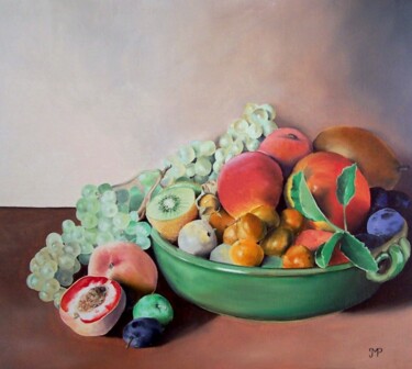 Painting titled "Nature morte au kiwi" by Pen, Original Artwork, Oil Mounted on Wood Stretcher frame