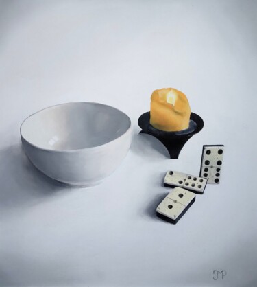 Peinture intitulée "Dominos, bol et bou…" par Pen, Œuvre d'art originale, Huile