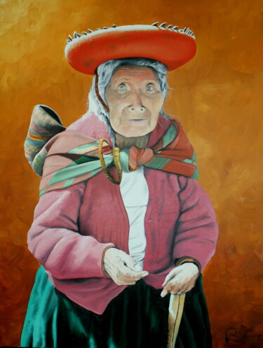 Malarstwo zatytułowany „Vieille péruvienne” autorstwa Pen, Oryginalna praca, Olej Zamontowany na Drewniana rama noszy