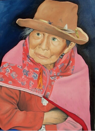 Pintura intitulada "Paysanne péruvienne" por Pen, Obras de arte originais, Óleo Montado em Armação em madeira