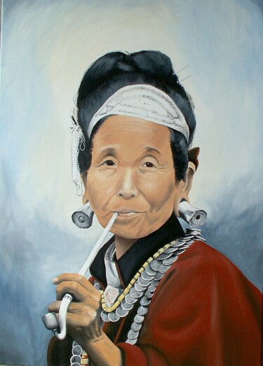 Malerei mit dem Titel "Fumeuse du Ladakh" von Pen, Original-Kunstwerk, Öl Auf Keilrahmen aus Holz montiert