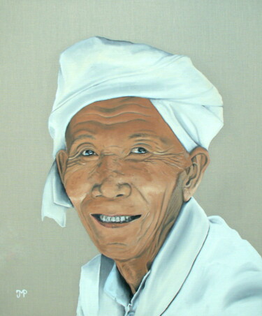 Malerei mit dem Titel "Birman en blanc" von Pen, Original-Kunstwerk, Öl Auf Keilrahmen aus Holz montiert
