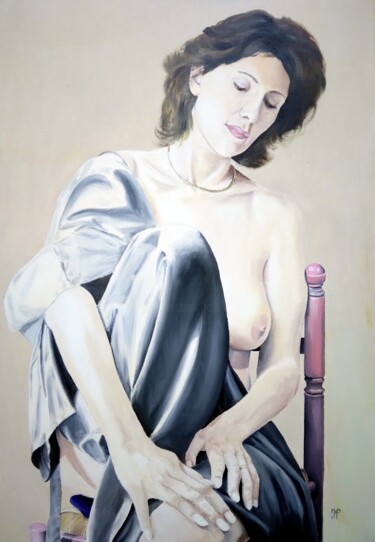 Painting titled "La chaise rose" by Pen, Original Artwork, Oil Mounted on Wood Stretcher frame