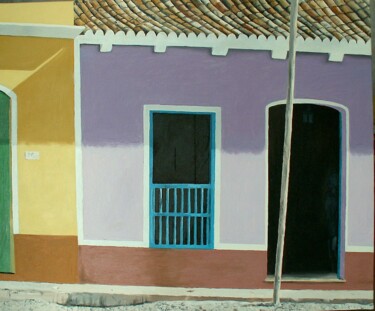 Painting titled "Rue cubaine" by Pen, Original Artwork, Oil Mounted on Wood Stretcher frame