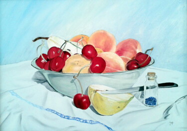 Painting titled "Compotier, poire et…" by Pen, Original Artwork, Oil Mounted on Wood Stretcher frame