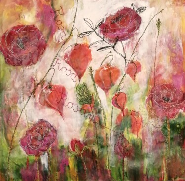 Painting titled "Rosa Rosa Rosam" by Penny G Peckmann, Original Artwork, Embroidery Mounted on Wood Stretcher frame