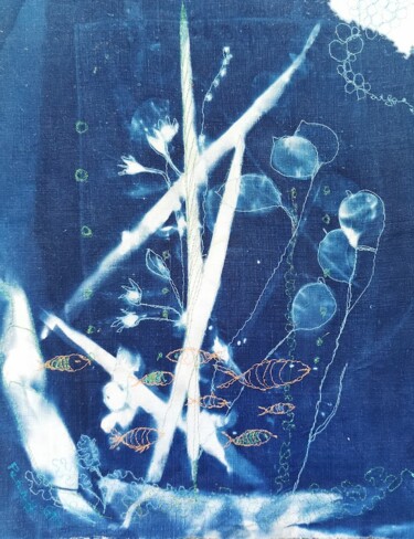 Textile Art με τίτλο "Fond d'océan" από Penny G Peckmann, Αυθεντικά έργα τέχνης, Ύφασμα Τοποθετήθηκε στο Ξύλινο φορείο σκελε…