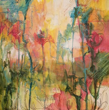 Painting titled "Au jardin" by Penny G Peckmann, Original Artwork, Embroidery Mounted on Wood Stretcher frame