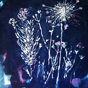 纺织艺术 标题为“Fleurs de bonheur” 由Penny G Peckmann, 原创艺术品, 刺绣 安装在木质担架架上