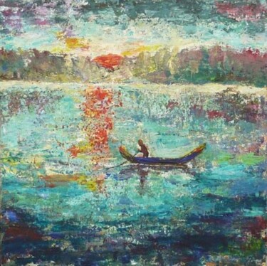 Peinture intitulée "Pêche en barque au…" par Penny G Peckmann, Œuvre d'art originale, Huile