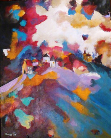 Painting titled "village-sous-les-nu…" by Penny G Peckmann, Original Artwork, Acrylic