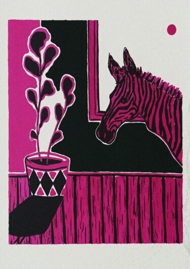 Painting titled "Cebra mira a planta" by Pepe Ortiz Benavent, Original Artwork, Marker