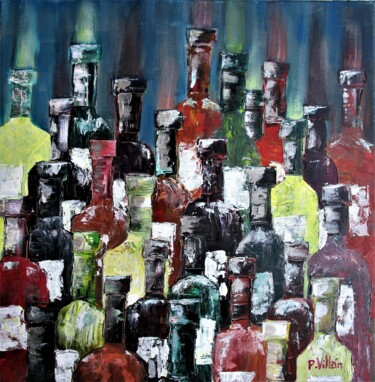 Painting titled "Skyline of bottles" by Pepe Villan, Original Artwork, Acrylic Mounted on Wood Stretcher frame