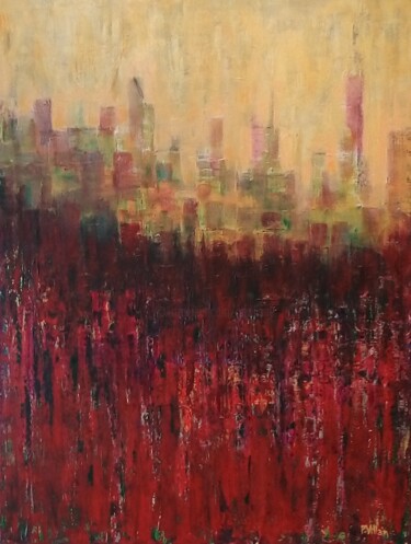 Painting titled "Fall Skyline" by Pepe Villan, Original Artwork, Acrylic Mounted on Wood Stretcher frame