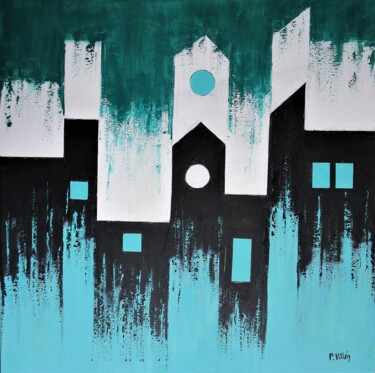 Painting titled "Green skyline town" by Pepe Villan, Original Artwork, Acrylic