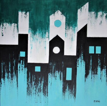 Pittura intitolato "Green skyline town" da Pepe Villan, Opera d'arte originale, Acrilico