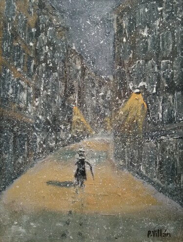 Peinture intitulée "Night walk on snowy…" par Pepe Villan, Œuvre d'art originale, Acrylique