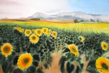 Pintura intitulada "Field of sunflowers" por Pepe Villan, Obras de arte originais, Aquarela