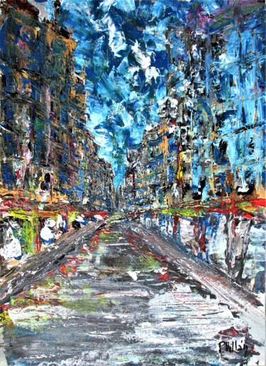 Schilderij getiteld "Colorful street" door Pepe Villan, Origineel Kunstwerk, Acryl